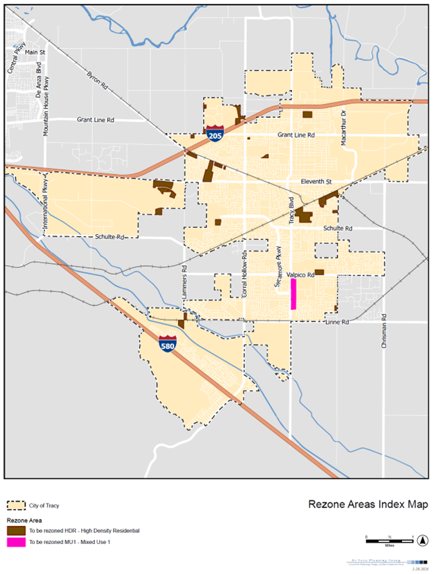 Map of the City of Tracy showing proposed rezoning areas. Most highlighted areas across the city are labeled for high-density residential (HDR), with a smaller highlighted area near Valpico Road designated for mixed-use (MU1). Major roads such as I-205, I-580, Grant Line Road, and Schulte Road are labeled for reference.