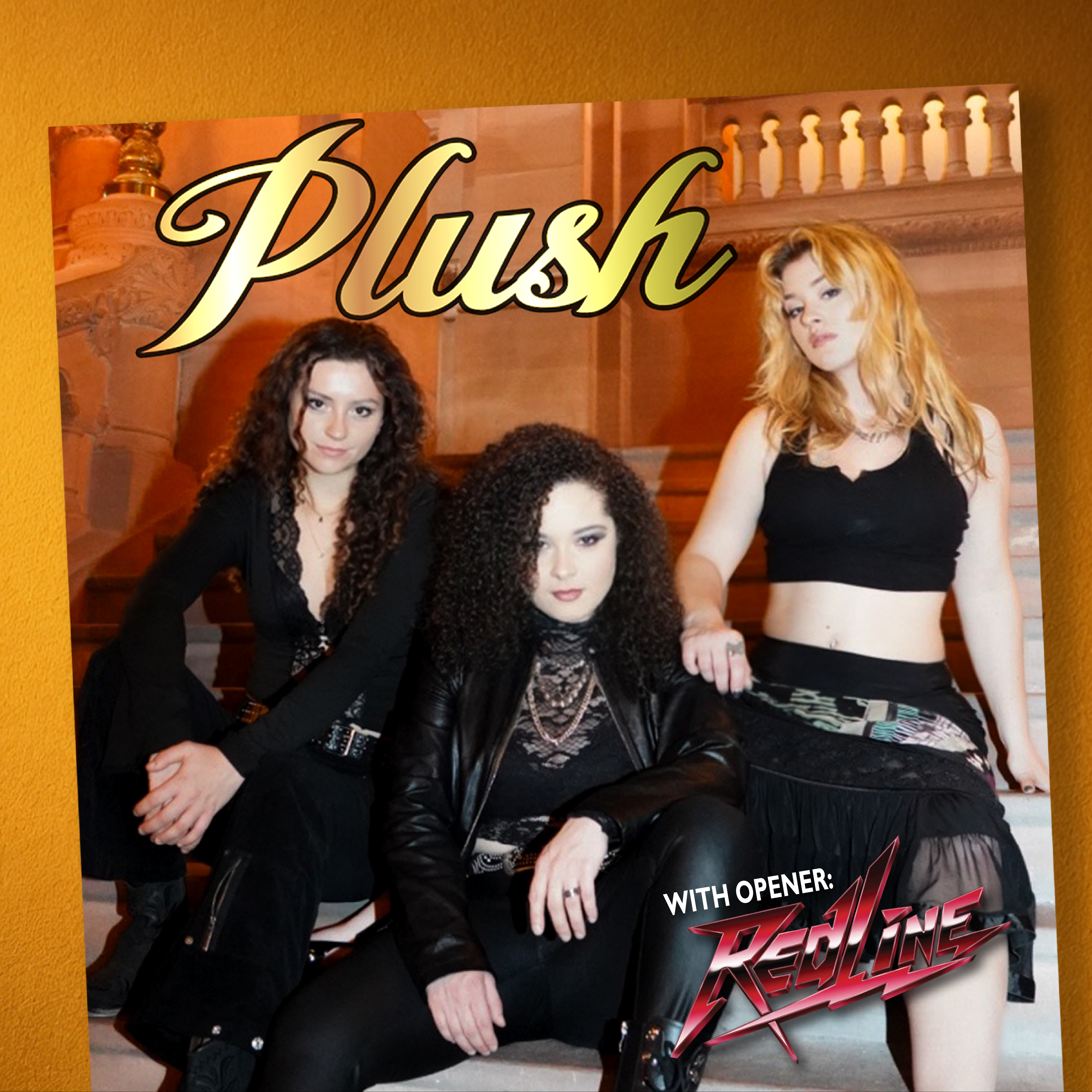 Promotional image for Plush featuring three women posed together, with Redline listed as the opening act