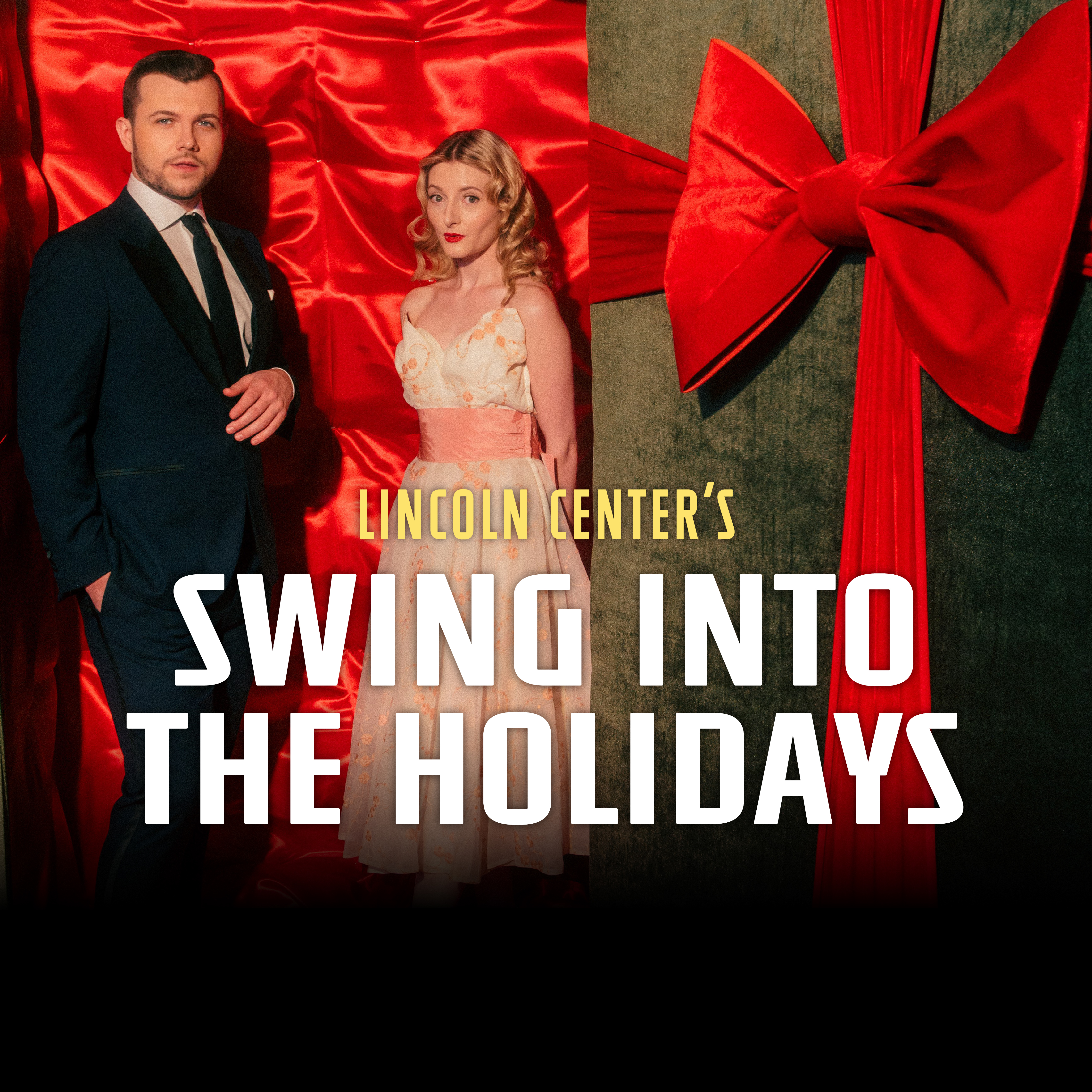 Lincoln Center’s ‘Swing Into the Holidays’ promotional graphic featuring two formally dressed performers beside a large red holiday bow.