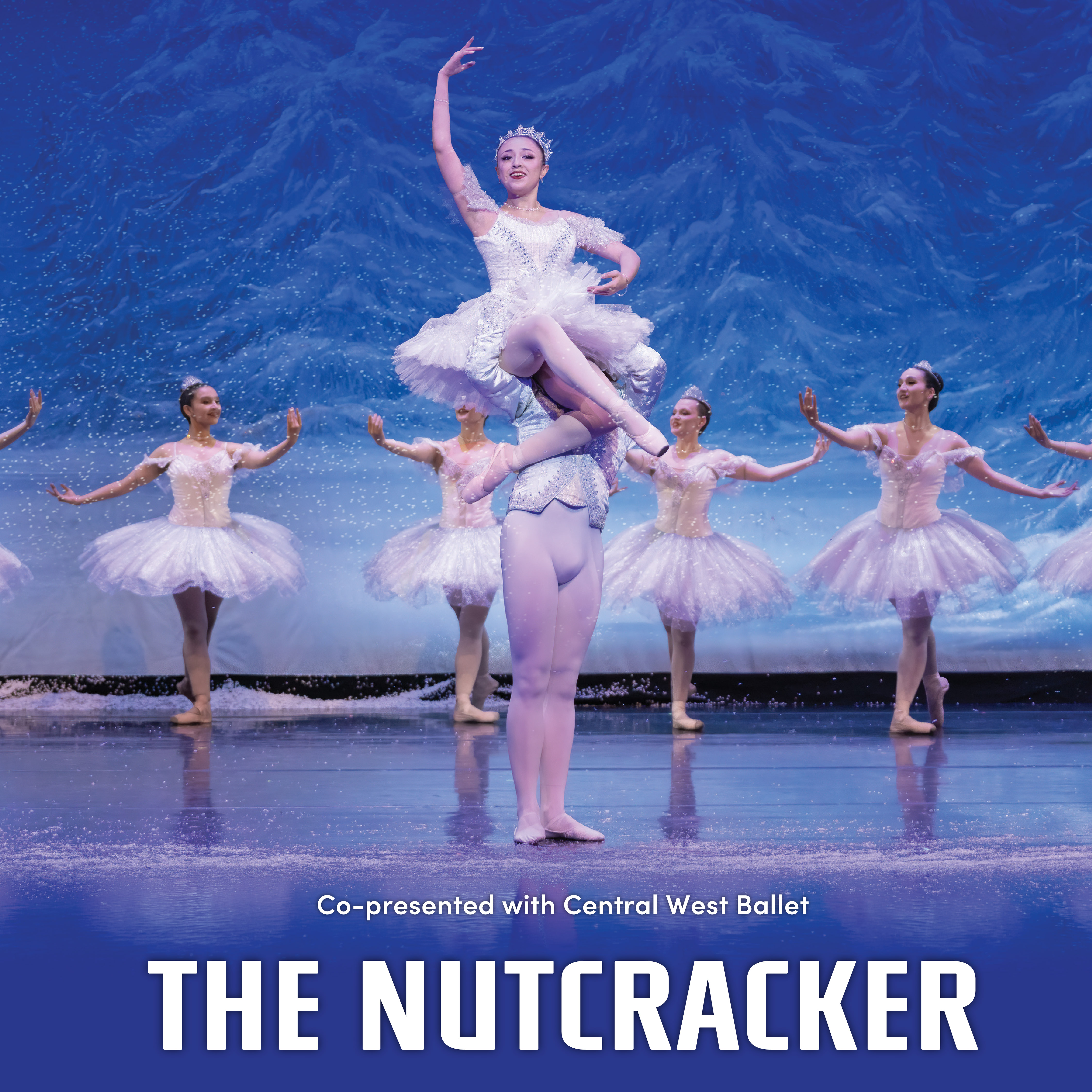 Promotional image for The Nutcracker, co-presented with Central West Ballet, showing ballet dancers performing on a snowy, blue-lit stage.