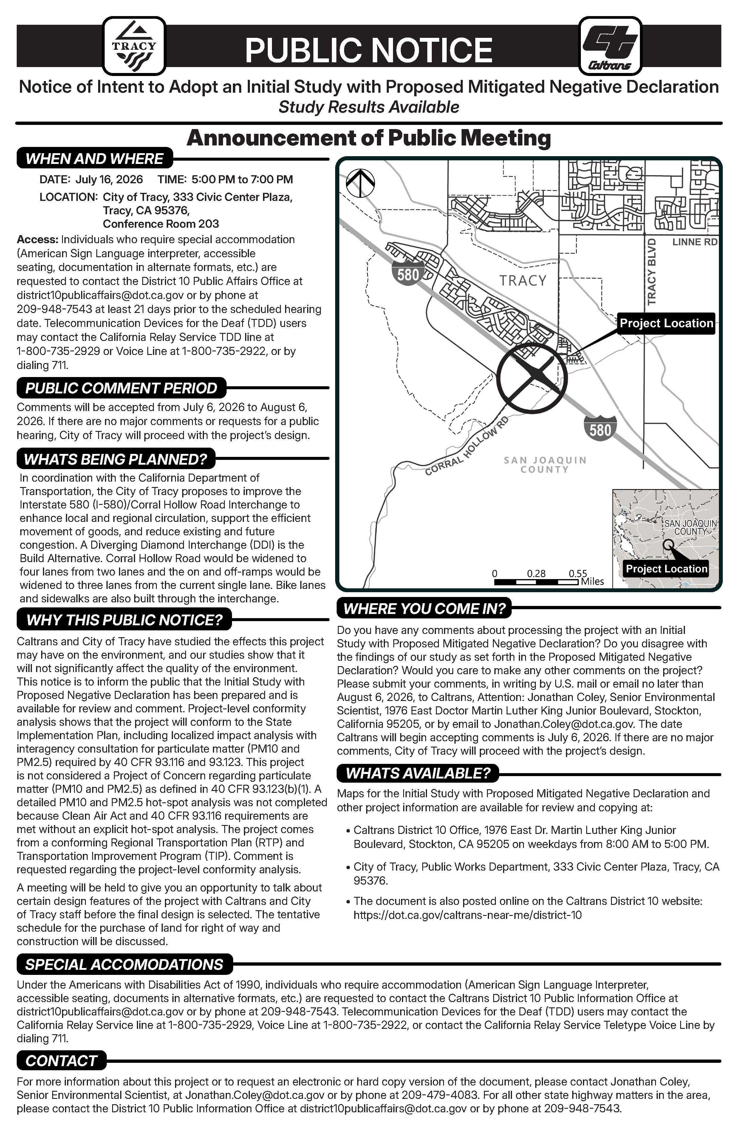Public notice announcing a public meeting and environmental review for proposed improvements to the Interstate 580/Corral Hollow Road interchange. Includes a project location map and meeting information, with full notice details available on the webpage.