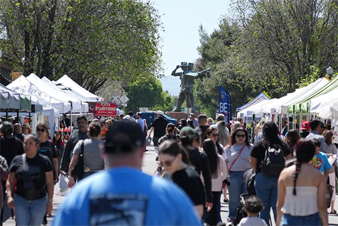 People at farmers market walking between pop up tents