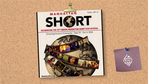 Manhattan Short Film Festival poster pinned to a corkboard, featuring a globe wrapped in filmstrips and dates September 24–October 4, 2026.