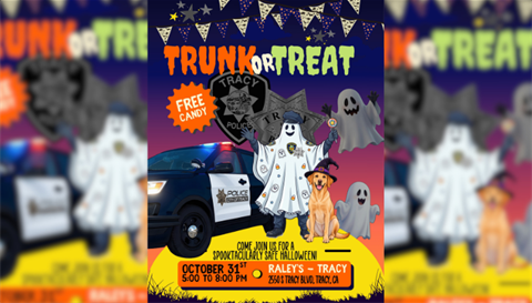Tracy Police Trunk or Treat Halloween event flyer featuring a police vehicle, costumed ghost officer, police dog, and Halloween decorations.