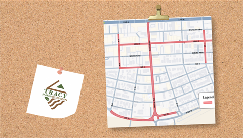 Corkboard-style graphic featuring a downtown Tracy map highlighting streets in red, including Central Avenue and portions of 6th, 9th and 10th streets, alongside the City of Tracy Parks & Recreation logo.
