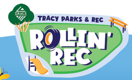 Colorful graphic reading ‘Tracy Parks & Rec Rollin’ Rec’ with playful illustrations of a park, including a slide, basketball hoop, and tree.