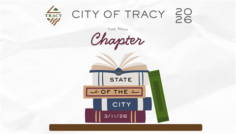 State of the city 3/11/26, The Next Chapter, Stack of books with text on spines