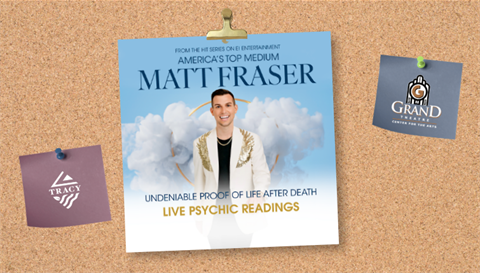 Corkboard-style graphic featuring a Matt Fraser live psychic readings poster, alongside City of Tracy and Grand Theatre Center for the Arts logos