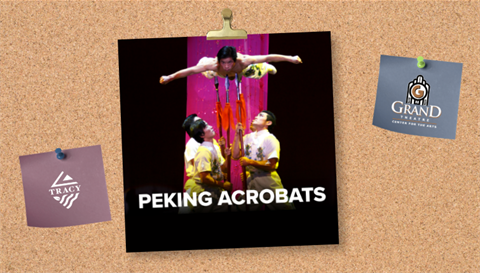 “Peking Acrobats promotional image pinned to a corkboard, showing an acrobat balancing horizontally atop poles held by fellow performers, with City of Tracy and Grand Theatre Center for the Arts logos on pinned notes.