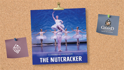 The Nutcracker promotional poster pinned to a corkboard, showing ballet dancers performing on a snowy blue stage, alongside City of Tracy and Grand Theatre logos.