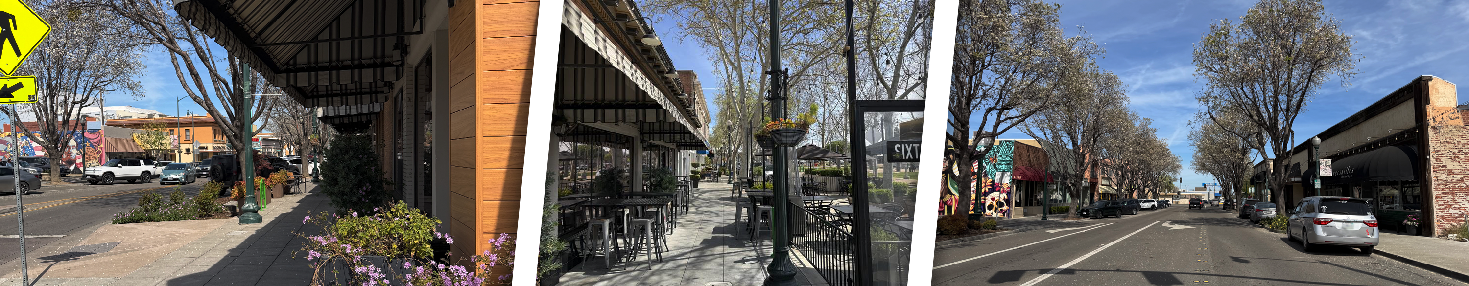 Panoramic collage of a downtown street scene featuring storefronts with awnings, outdoor dining seating, trees lining the sidewalk, street signs, parked cars, and a clear blue sky, highlighting a walkable, vibrant urban area.