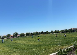 people walking around field putting trash in buckets