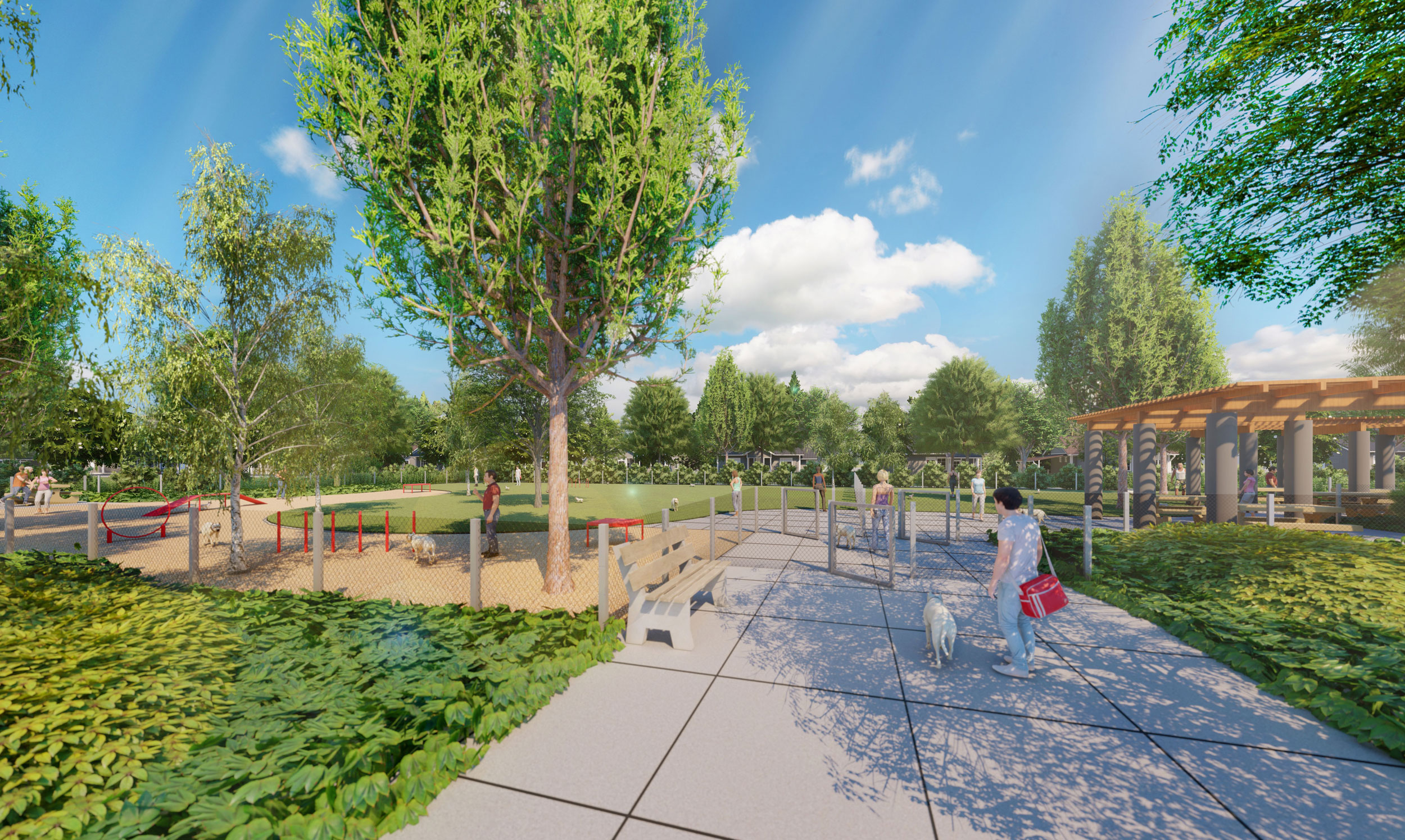 Generated image of dog park and people walking their dogs into the park