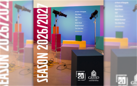 Grand Theatre Center for the Arts 2026–2027 season graphic featuring a colorful studio set with stage lights and geometric platforms. Featured artists include A Flock of Seagulls, Clay Aiken, Matt Fraser, Y&T, Colin Cloud, Nihadri Kumar, and The Click Five.