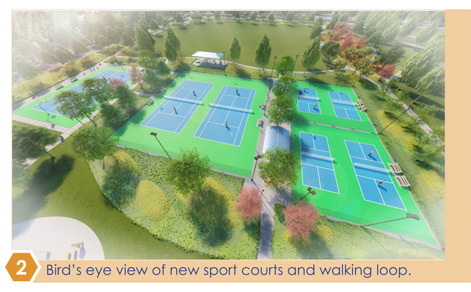 Bird's eye view of new sport courts and walking loop
