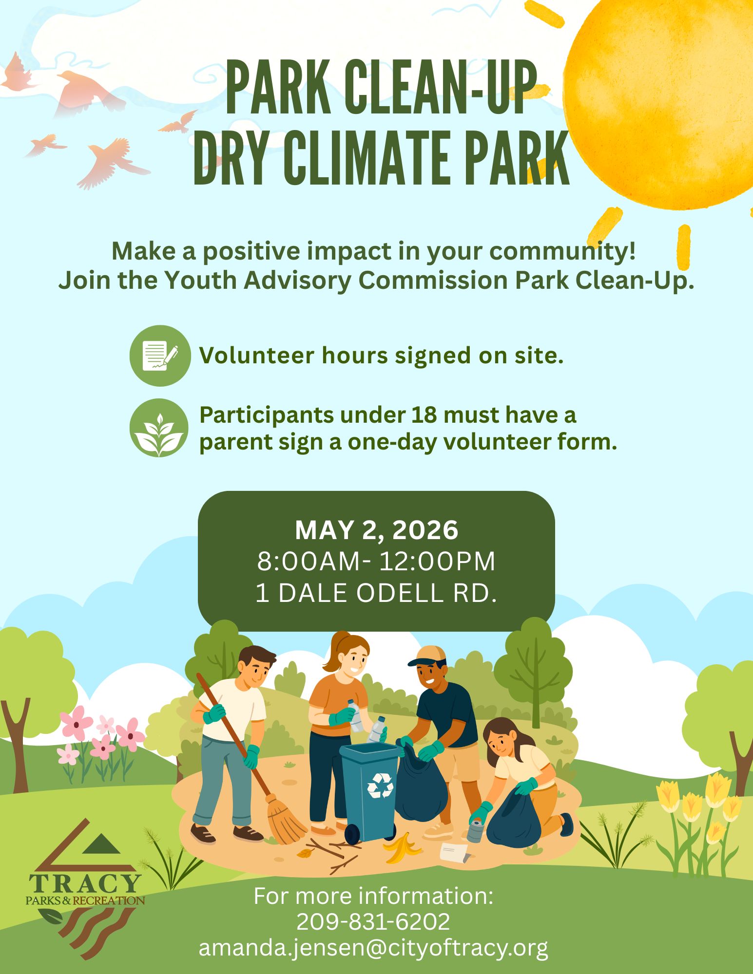 YAC Park Clean Up May 2, 2026 Make a positive impact in your community! Join the Youth Advisory Commission Park Clean-Up on Saturday, May 2, 2026 from 8:00am to 12:00pm at 1 Dale Odell Drive. Volunteer hours will be signed on site. Participants under 18 must have a parent sign a one-day volunteer form.