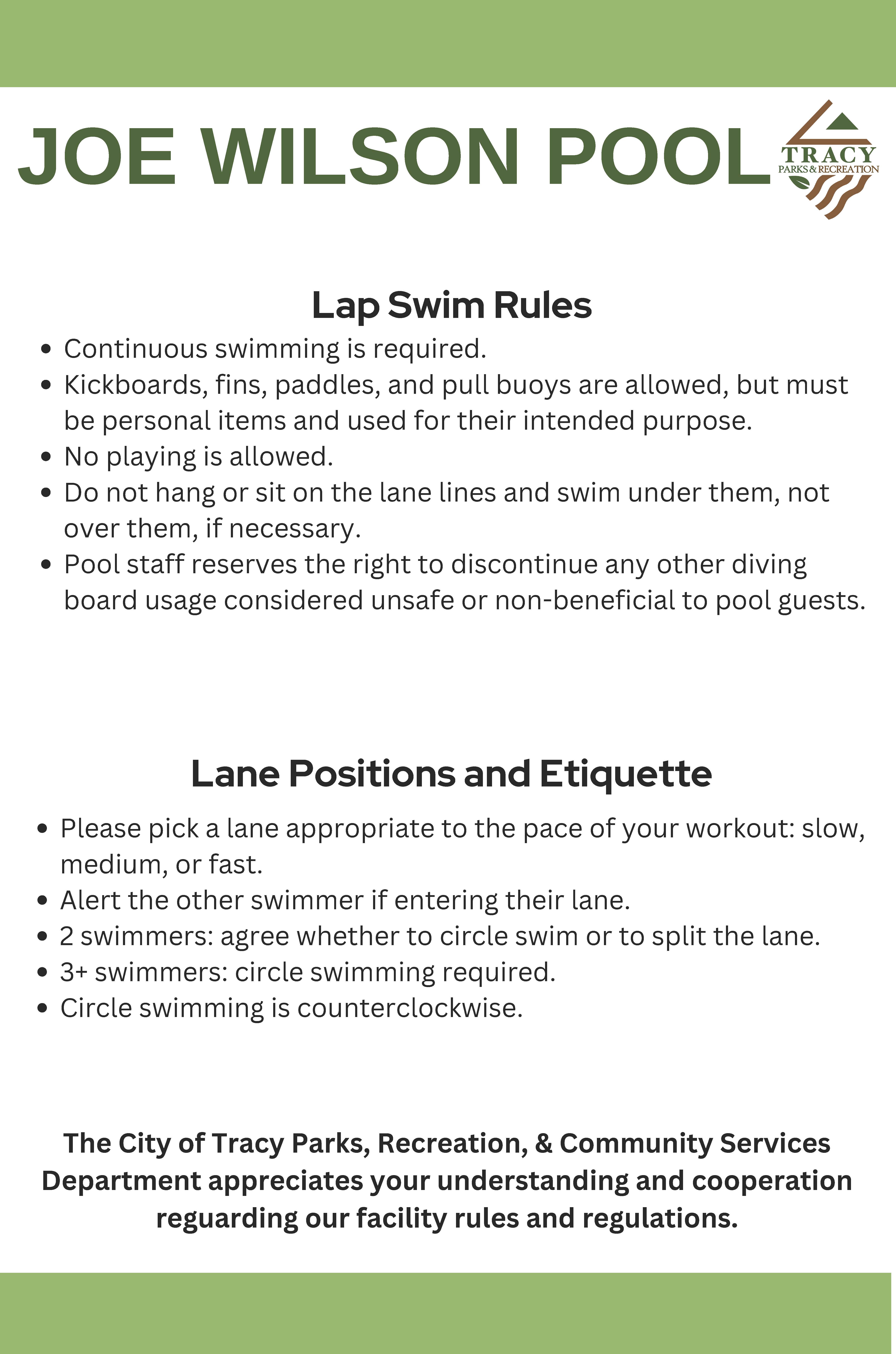 Joe Wilson Lap Swim Rules