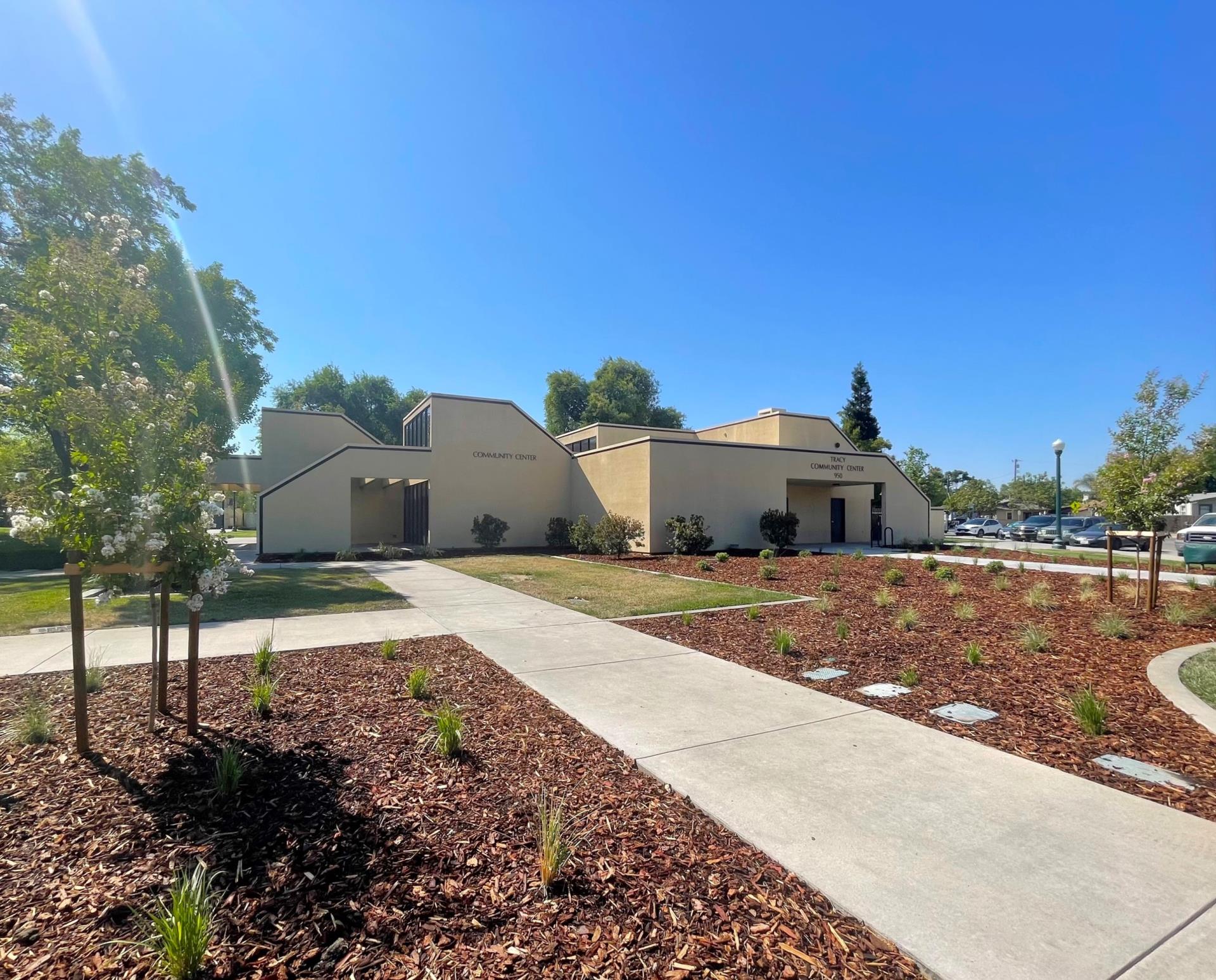 Tracy Community Center exterior walkway and building
