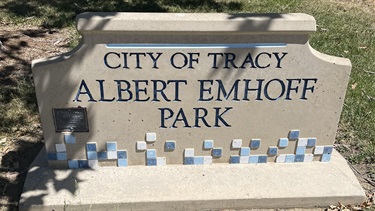 Stone park entrance sign engraved with 