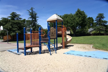 A blue and beige playground climbing structure with a slide, set on a sand surface with a large tree and open field in the background.