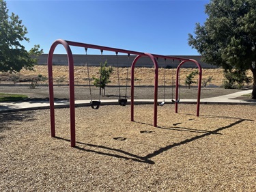 Two-bay swing set with belt swings on a wood chip surface, surrounded by open grassy areas and trees in a sunny park.
