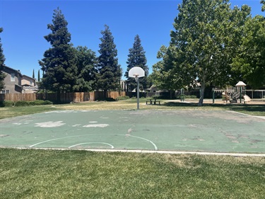 Outdoor basketball court with a painted playing surface and single basketball hoop, bordered by open grassy areas, mature shade trees, nearby residential homes, and a gazebo in a community park under a clear blue sky.