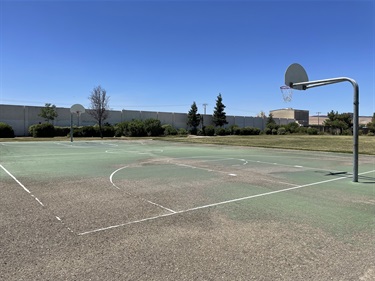 Outdoor basketball court with a painted playing surface and single basketball hoop, bordered by landscaped planting beds, mature trees, open park space, and nearby commercial buildings under a clear blue sky.