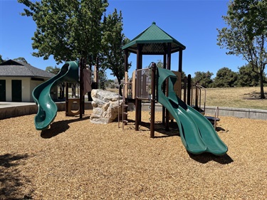 Playground with elevated play structures, spiral and straight slides, faux rock climbing features, bridges, and climbing elements on a wood chip safety surface, surrounded by mature shade trees and open grassy areas in a community park.