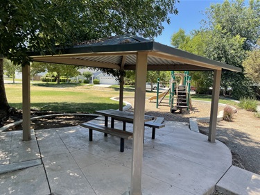 Covered picnic shelter with a picnic table on a concrete pad, overlooking a playground with climbing features and slides, surrounded by mature shade trees, open grassy areas, and walking paths in a community park.