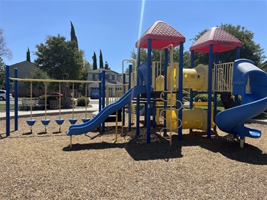 Playground with interconnected elevated play structures, straight and spiral slides, balance stepping pods, climbing features, activity panels, and overhead play elements on a wood chip safety surface, surrounded by mature shade trees and open park space in a community park.