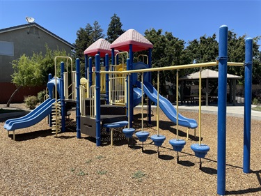 Playground with interconnected elevated play structures, straight slides, climbing ladders, balance stepping pods, overhead monkey bars, activity panels, and transfer platforms on a wood chip safety surface, surrounded by mature shade trees and open park space in a community park.