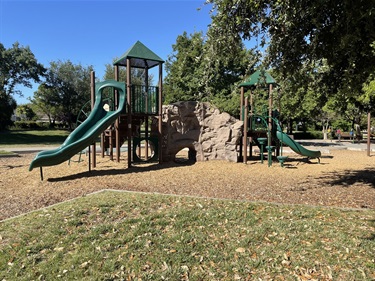 Playground with multiple slides, elevated play towers, climbing features, and faux rock climbing elements on a wood chip safety surface, surrounded by open grassy areas, mature shade trees, and walking paths in a community park.