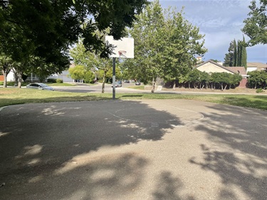 Outdoor basketball court with a single basketball hoop on an asphalt playing surface, surrounded by mature shade trees, open grassy areas, and nearby residential homes in a community park.