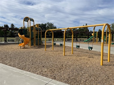 Playground with swings and a slide structure surrounded by wood-chip surfacing in a park setting.