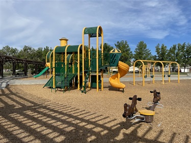 Playground with swings and a slide structure surrounded by wood-chip surfacing in a park setting.