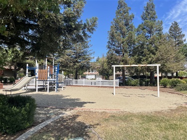 Playground with climbing structures, slides, and a swing set on a wood fiber safety surface, surrounded by mature trees, grassy areas, and open park space.