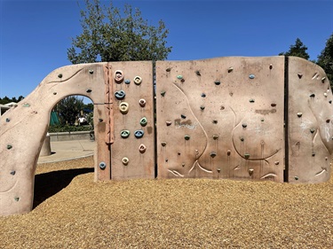 Freestanding rock climbing wall with molded handholds and textured climbing surfaces on a wood chip play area, surrounded by open park space and mature trees.