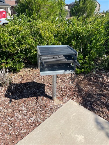 Park charcoal grill mounted on a metal post beside a concrete walkway, surrounded by landscaped shrubs and mulch in a community park.