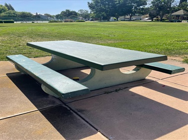 Concrete picnic table with attached benches on a paved picnic area, overlooking open grassy park space, mature shade trees, and nearby park amenities in a community park.