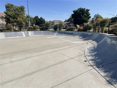 Concrete skate park bowl with smooth curved riding surfaces, surrounded by open park space, mature shade trees, nearby residential homes, and a clear blue sky.