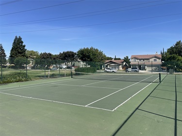 Outdoor tennis court with painted playing surface, net, and surrounding chain-link fencing, bordered by mature shade trees, landscaped park areas, and nearby residential homes under a clear blue sky.