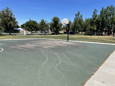 Outdoor basketball court with a single hoop, painted court lines, and surrounding trees in an open neighborhood park.