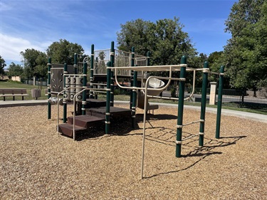 Playground with climbing structures, monkey bars, activity panels, and elevated platforms on a wood fiber safety surface, surrounded by mature trees.