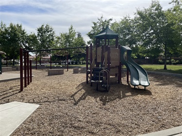 Playground climbing structure with a tan slide, monkey bars, and a swing set, on a mulch surface with houses in the background.