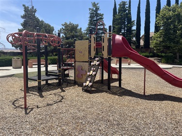 Red and tan playground climbing structure with a slide and monkey bars, on a mulch surface with tall cypress trees in the background.