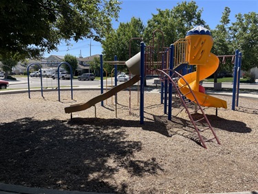 Playground with a spiral slide and climbing structure in a park, surrounded by mulch, trees, and parked cars in the background.