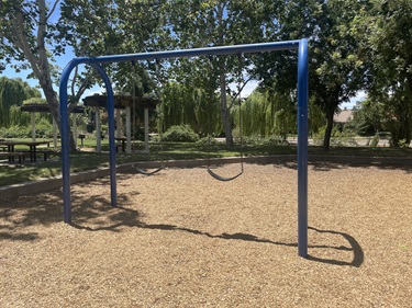 Blue swing set with two belt swings on a wood chip surface, surrounded by mature trees, picnic tables, and open park space on a sunny day.