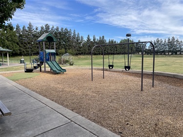 Playground with a slide, climbing structure, and a two-bay swing set with bucket swings on a wood chip safety surface, bordered by a concrete walkway and surrounded by open grassy areas and mature trees in a community park.