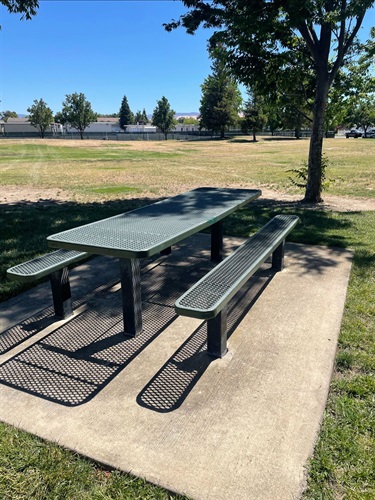 A metal picnic table with attached benches on a concrete pad, surrounded by grass and trees, with a road and buildings visible in the distance.