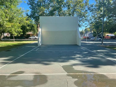 Outdoor handball court with a large rebound wall and paved playing surface, surrounded by trees in a park setting.
